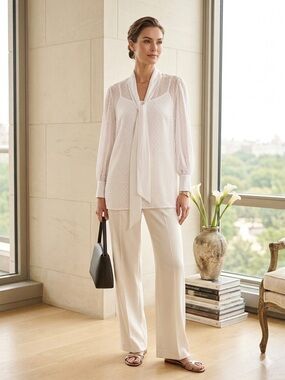 Adrianna Papell Ivory Swiss Dot Tie-Neck Blouse NWT